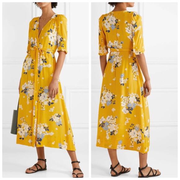 Sea New York Pia Floral Crepe de Chine Wrap Dress Golden Yellow - Picture 1 of 11